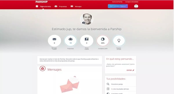 Pantalla de inicio minimalista de perfil en Parship